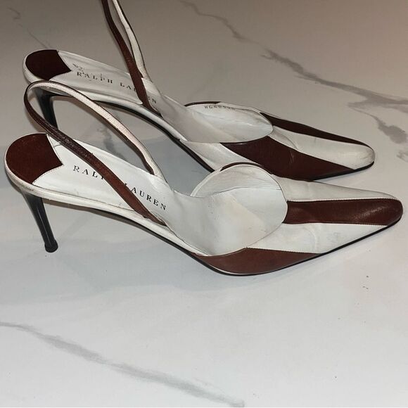 Vintage Ralph Lauren RARE Stripe Brown & White Leather Oxford Slingback Pumps - Picture 6 of 12